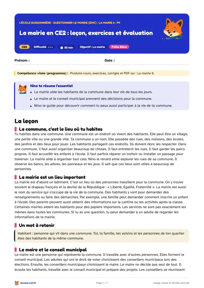Aperçu de la fiche « Participer à la vie de ta commune avec la mairie en CE2 » en PDF