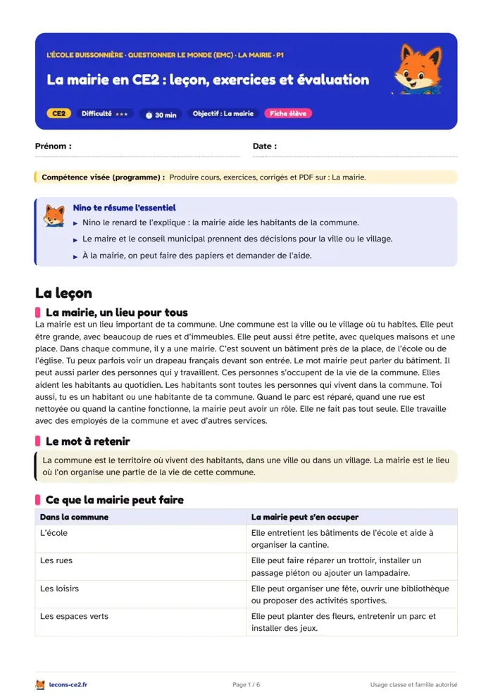 Aperçu de la fiche « La mairie en CE2 : leçon, exercices et évaluation » en PDF