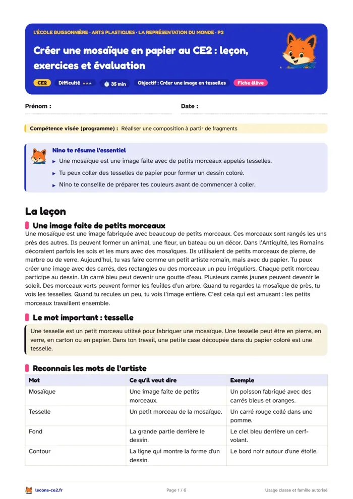 Aperçu de la fiche « Créer une mosaïque en papier au CE2 : leçon, exercices et évaluation » en PDF