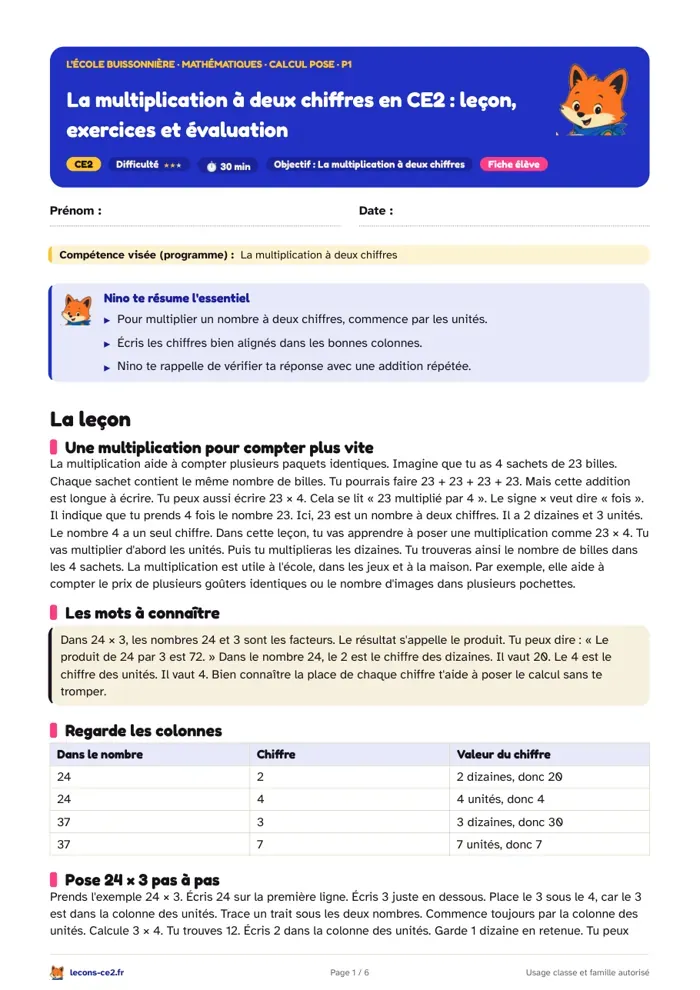 Aperçu de la fiche « La multiplication à deux chiffres en CE2 : leçon, exercices et évaluation » en PDF