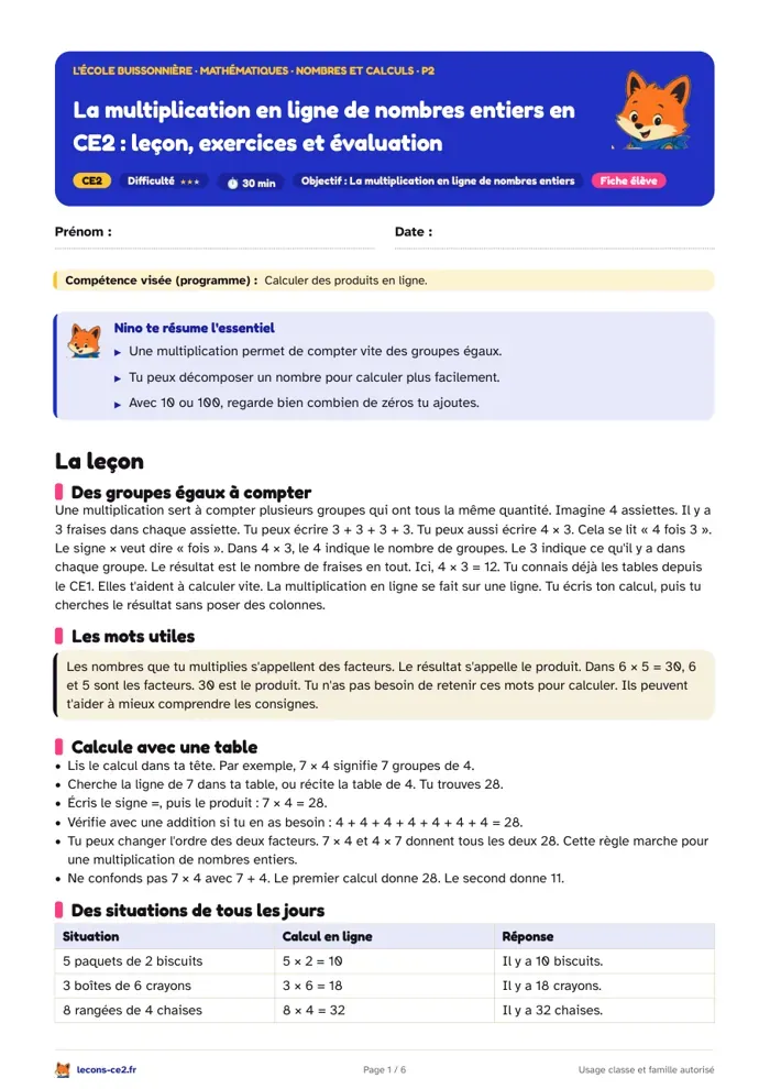 Aperçu de la fiche « Multiplier en ligne en CE2 : leçon, exercices et évaluation » en PDF
