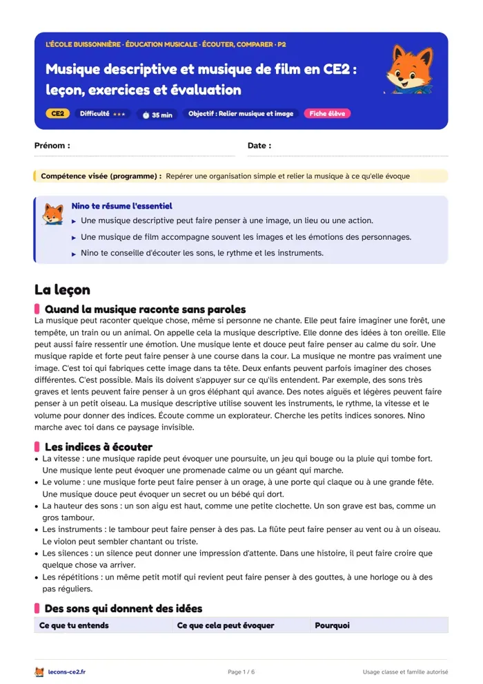 Aperçu de la fiche « Musique descriptive et musique de film en CE2 : leçon, exercices et évaluation » en PDF