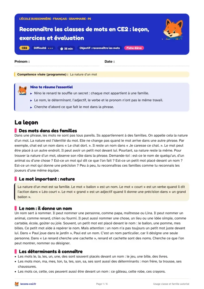 Aperçu de la fiche « Trouver la nature d’un mot en CE2 avec une méthode en quatre pas » en PDF