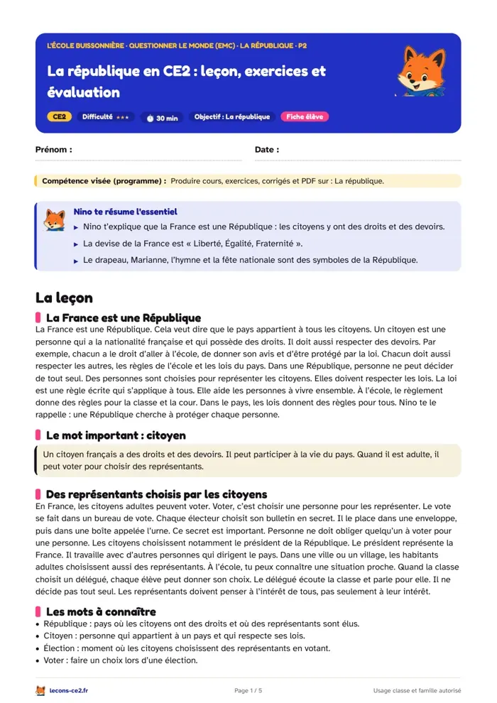 Aperçu de la fiche « La république en CE2 : leçon, exercices et évaluation » en PDF