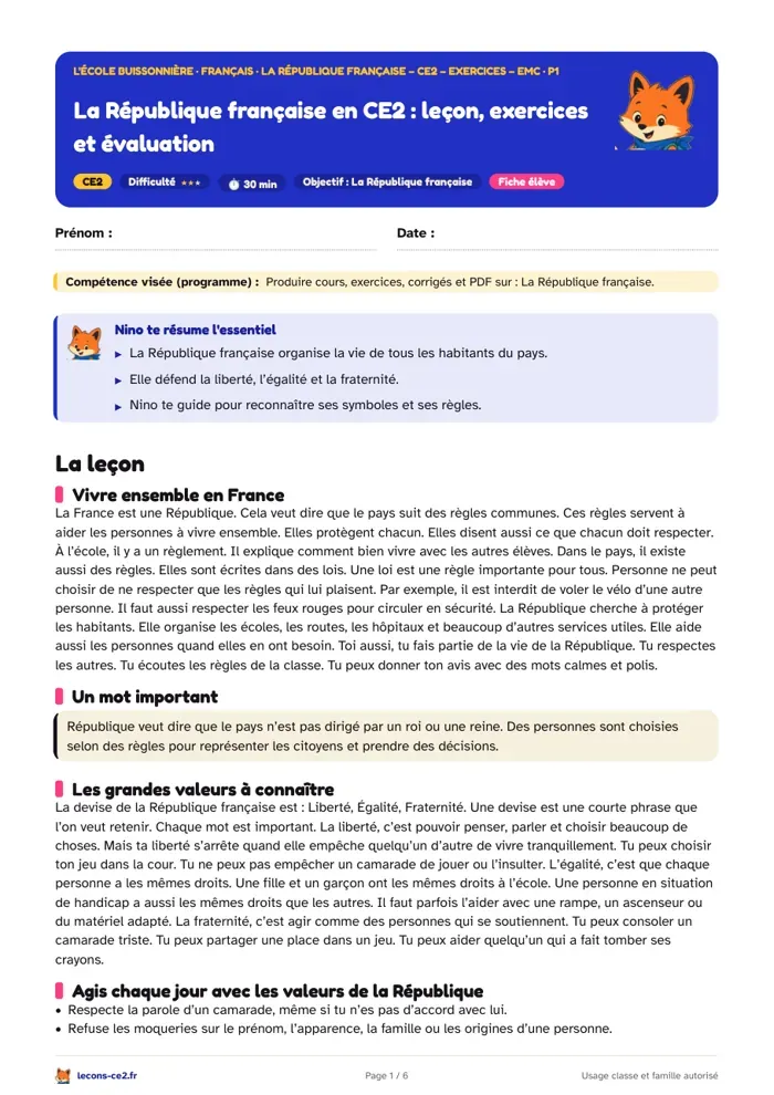 Aperçu de la fiche « La République française en CE2 : leçon, exercices et évaluation » en PDF