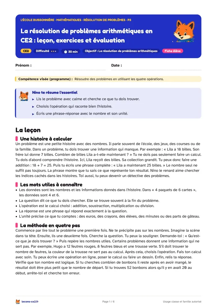 Aperçu de la fiche « La résolution de problèmes arithmétiques en CE2 : leçon, exercices et évaluation » en PDF