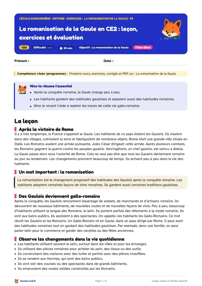 Aperçu de la fiche « La romanisation de la Gaule en CE2 : leçon, exercices et évaluation » en PDF