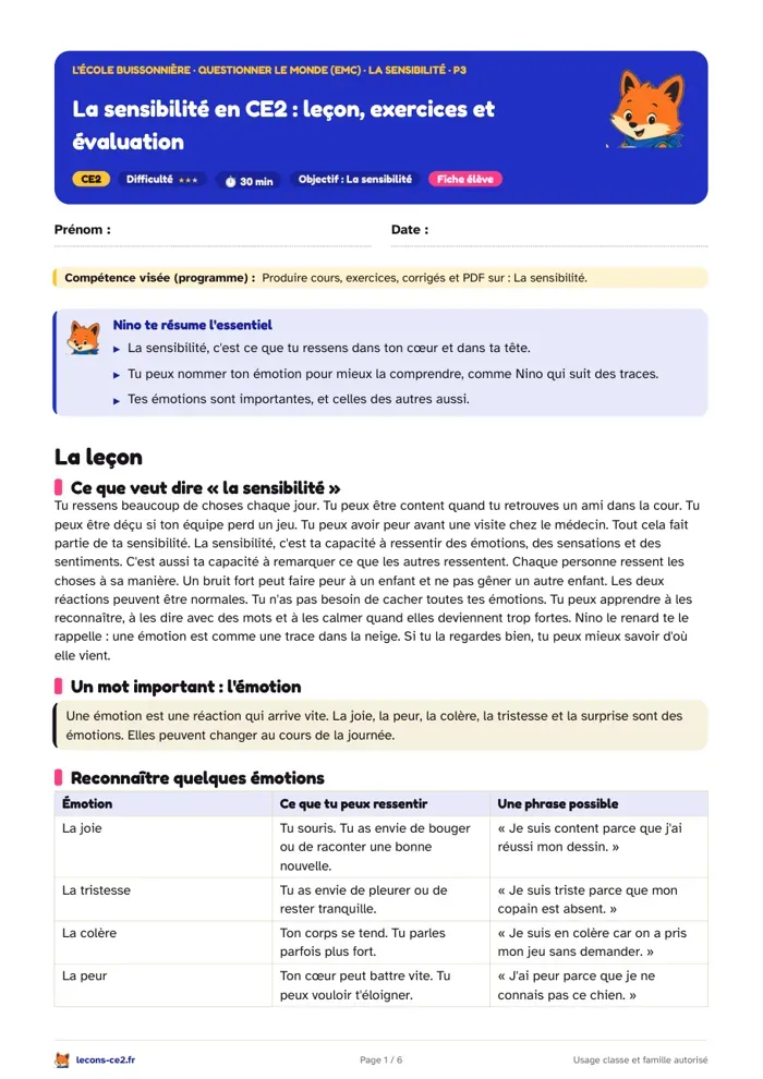 Aperçu de la fiche « La sensibilité en CE2 : leçon, exercices et évaluation » en PDF