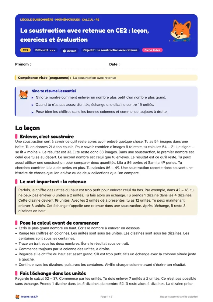 Aperçu de la fiche « La soustraction avec retenue en CE2 : leçon, exercices et évaluation » en PDF