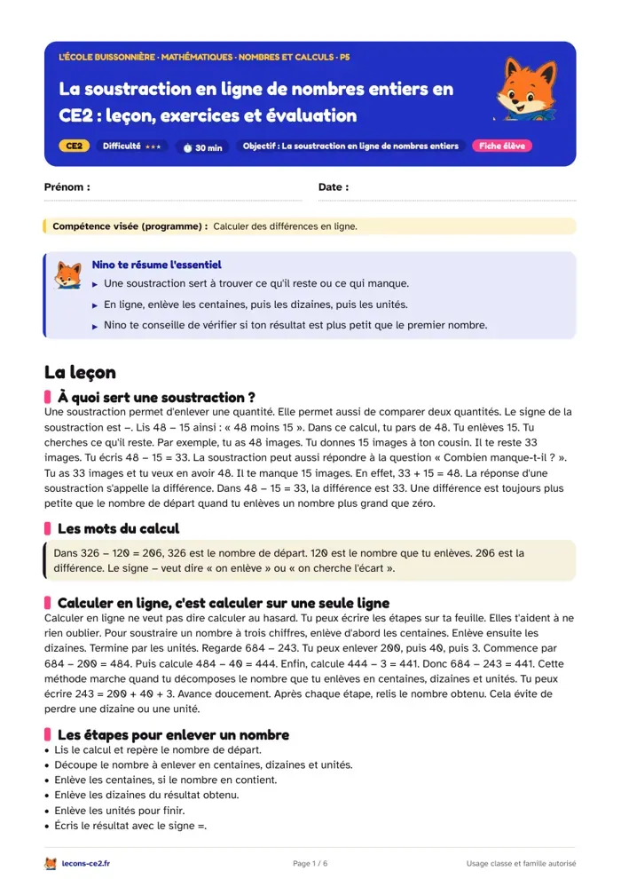 Aperçu de la fiche « La soustraction en ligne de nombres entiers en CE2 : leçon, exercices et évaluation » en PDF