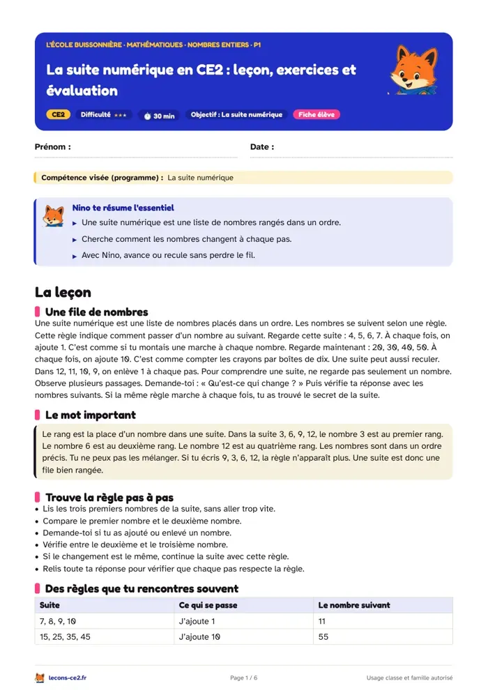 Aperçu de la fiche « La suite numérique en CE2 : leçon, exercices et évaluation » en PDF