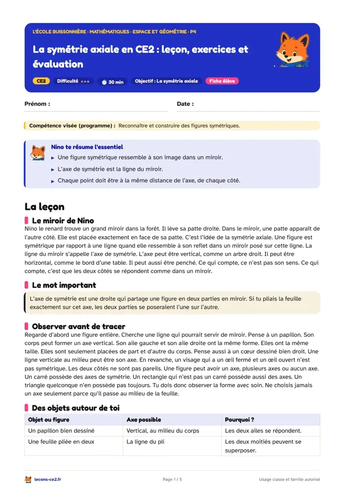 Aperçu de la fiche « La symétrie axiale en CE2 : leçon, exercices et évaluation » en PDF