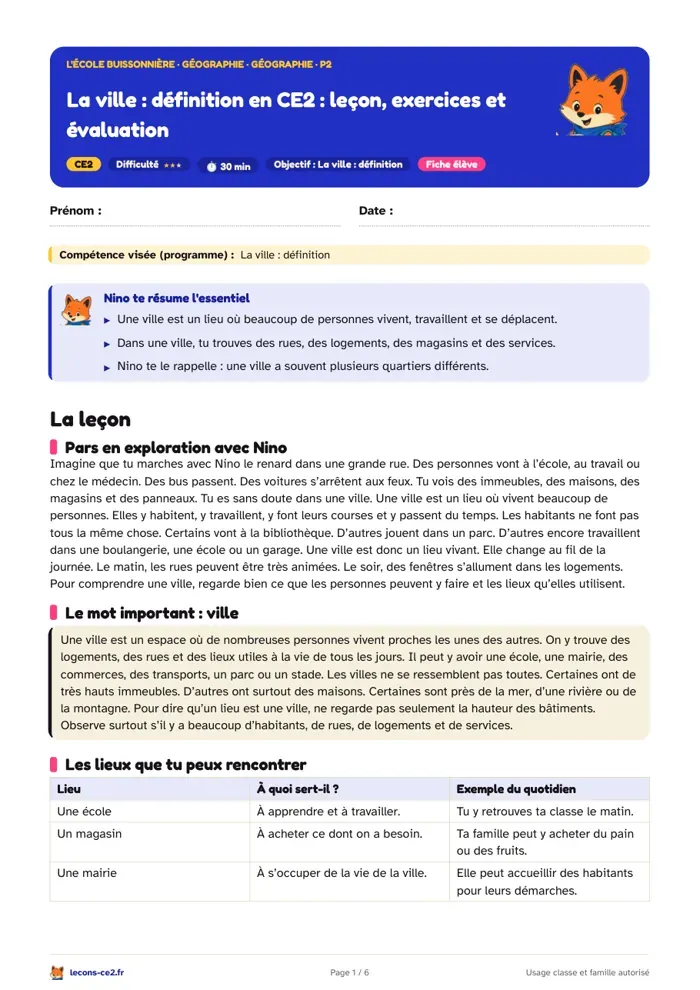 Aperçu de la fiche « La ville, définition en CE2 : leçon, exercices et évaluation » en PDF
