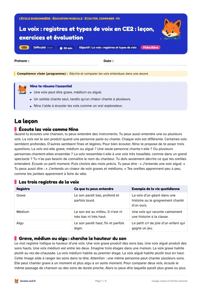 Aperçu de la fiche « La voix, registres et types de voix en CE2 : leçon, exercices et évaluation » en PDF