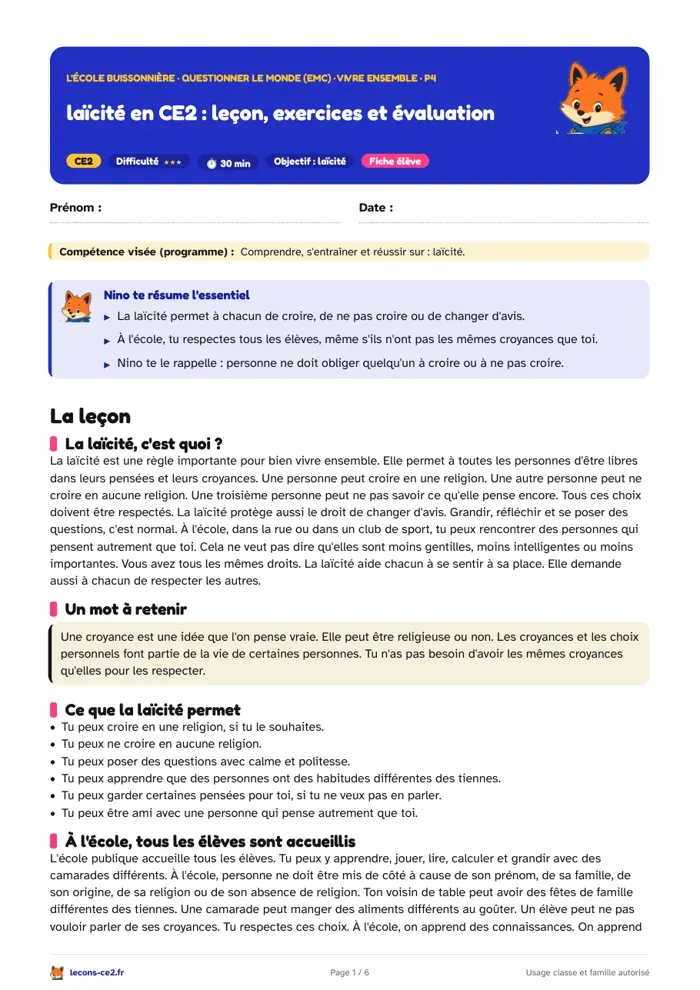 Aperçu de la fiche « Laïcité en CE2 : leçon, exercices et évaluation » en PDF
