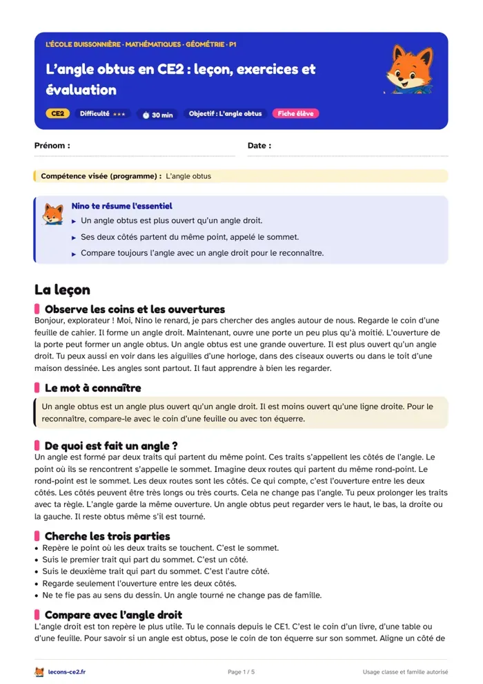 Aperçu de la fiche « Reconnaître et tracer un angle obtus en CE2 » en PDF