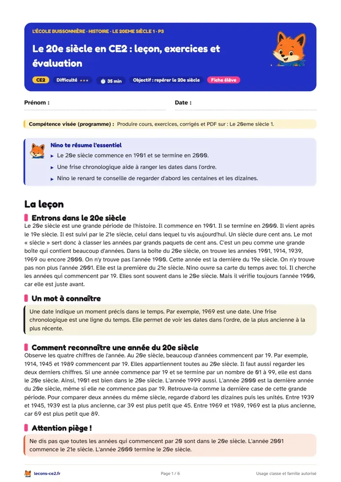 Aperçu de la fiche « Le 20e siècle en CE2 : leçon, exercices et évaluation » en PDF
