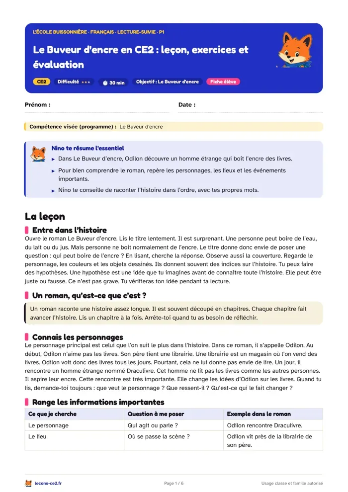 Aperçu de la fiche « Le Buveur d'encre en CE2 : leçon, exercices et évaluation » en PDF