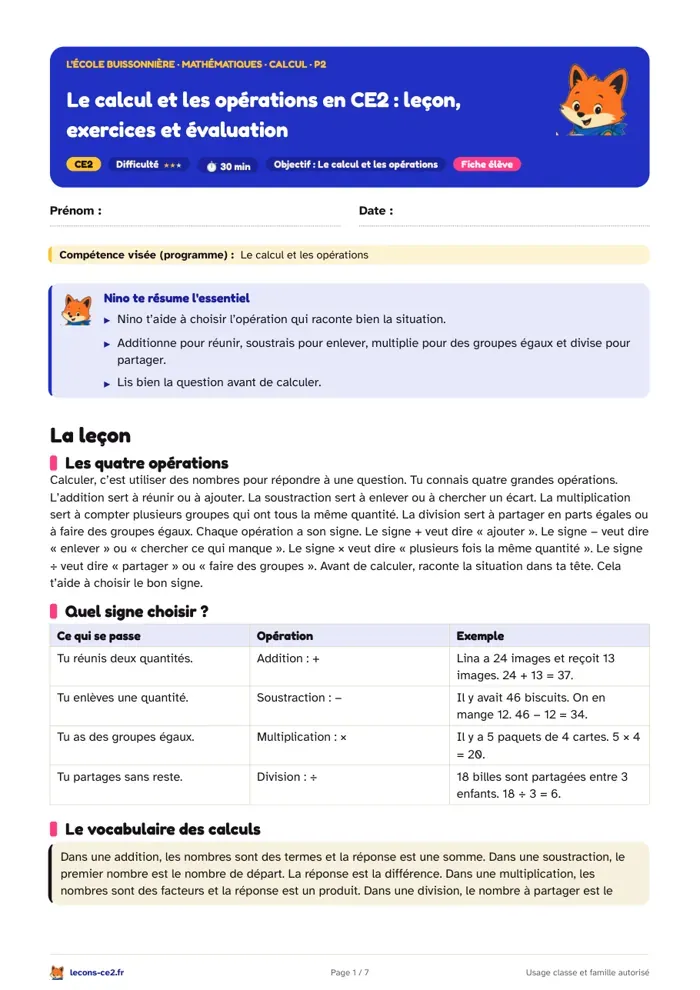 Aperçu de la fiche « Le calcul et les opérations en CE2 : leçon, exercices et évaluation » en PDF
