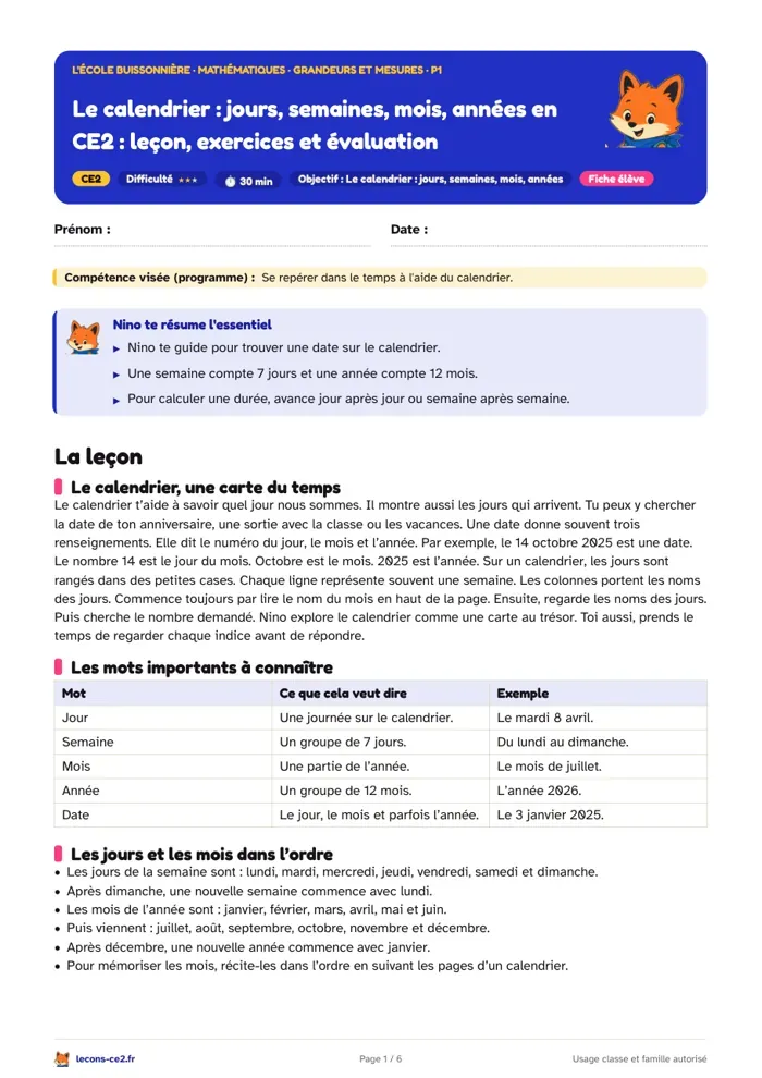 Aperçu de la fiche « Le calendrier et ses jours, semaines, mois et années en CE2 : leçon, exercices et évaluation » en PDF