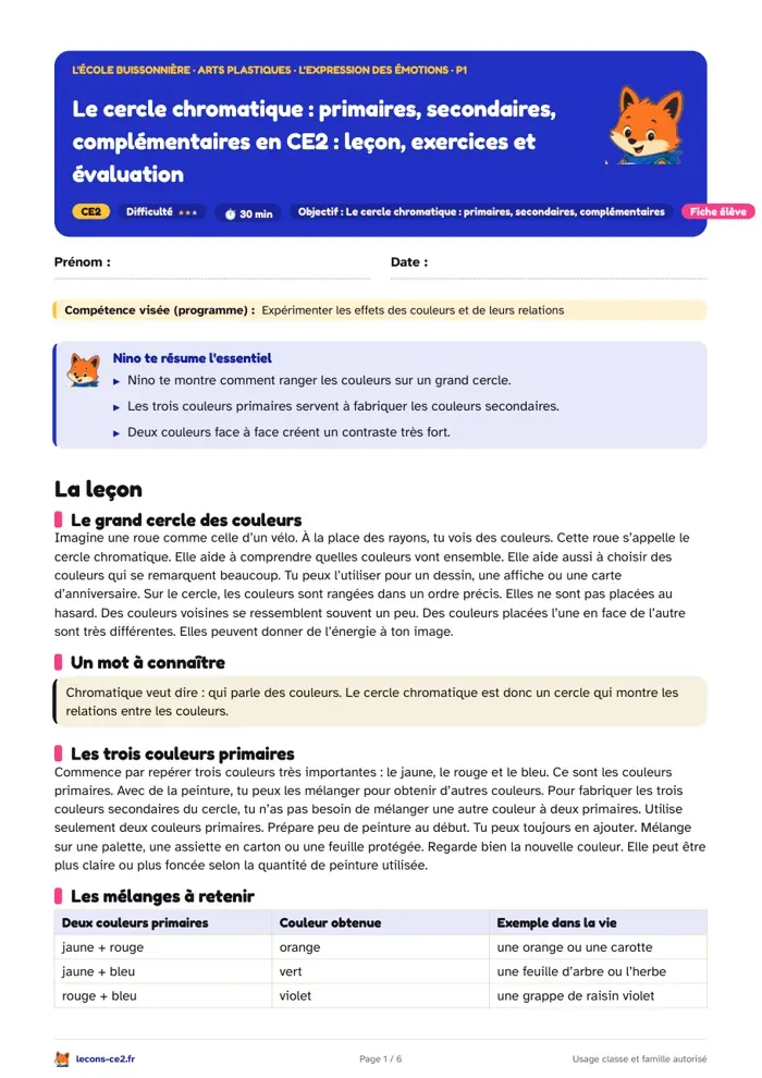 Aperçu de la fiche « Le cercle chromatique des couleurs primaires, secondaires et complémentaires en CE2 : leçon, exercices et évaluation » en PDF