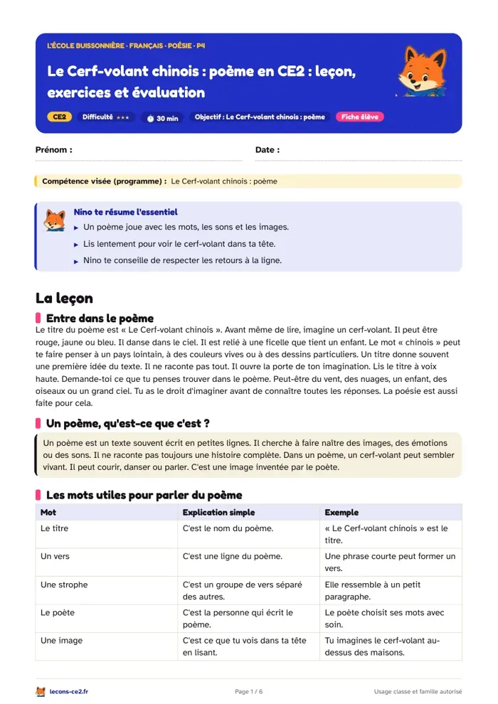 Aperçu de la fiche « Le Cerf-volant chinois, poème en CE2 : leçon, exercices et évaluation » en PDF