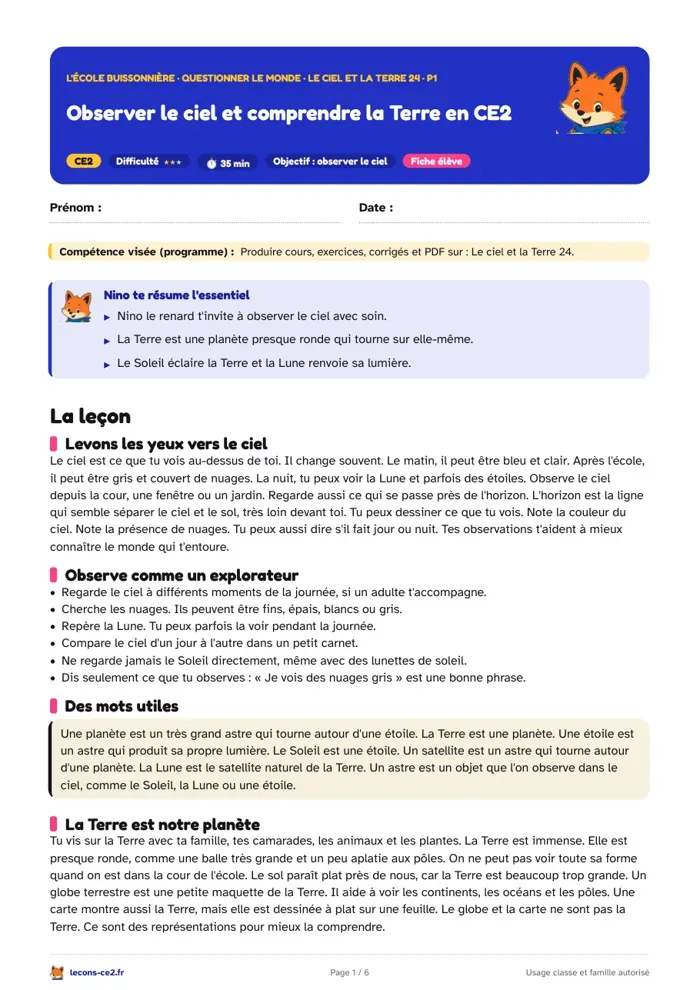 Aperçu de la fiche « Observer le ciel et comprendre la Terre en CE2 » en PDF