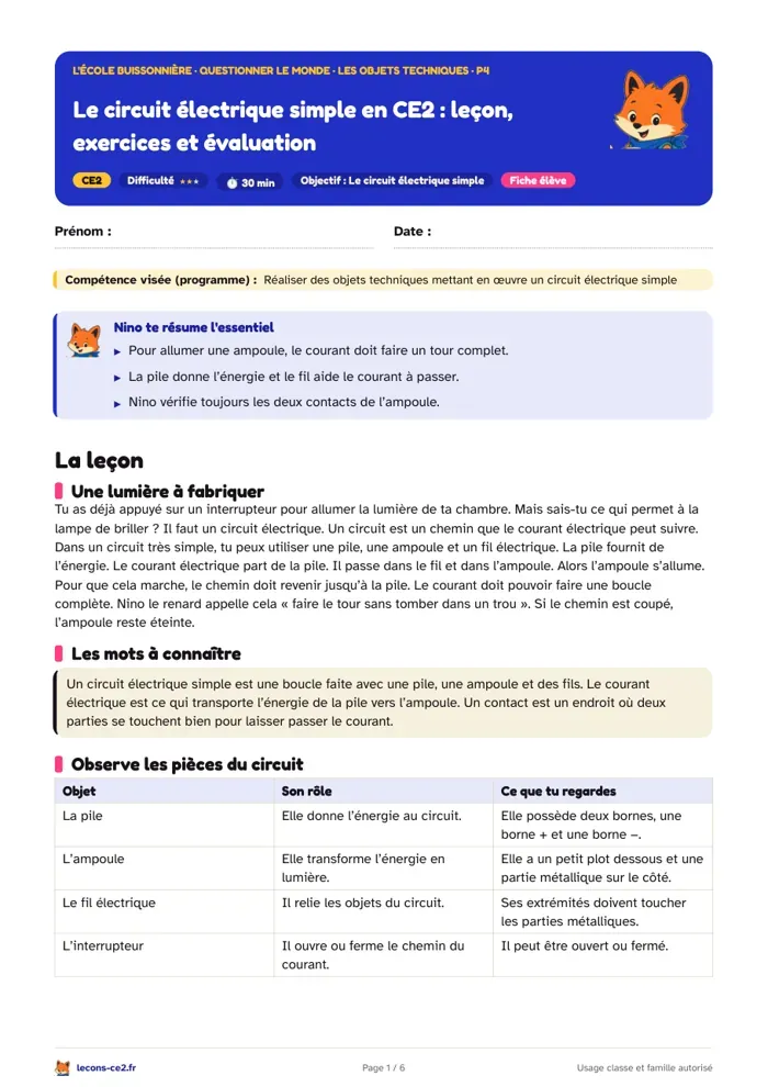 Aperçu de la fiche « Le circuit électrique simple en CE2 : leçon, exercices et évaluation » en PDF