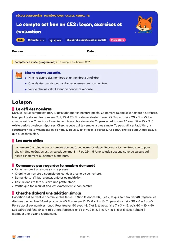 Aperçu de la fiche « Le compte est bon en CE2 : leçon, exercices et évaluation » en PDF