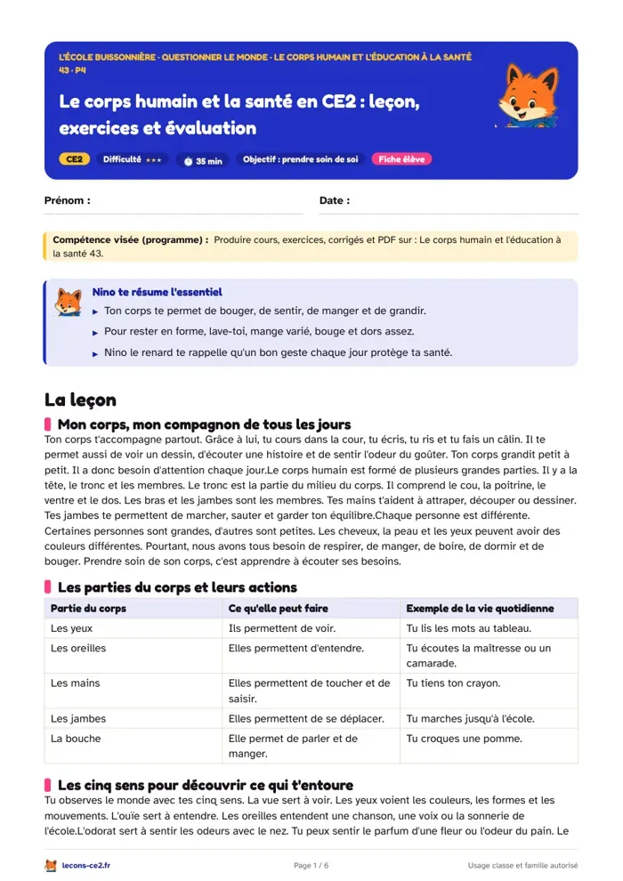 Aperçu de la fiche « Le corps humain et la santé en CE2 : leçon, exercices et évaluation » en PDF