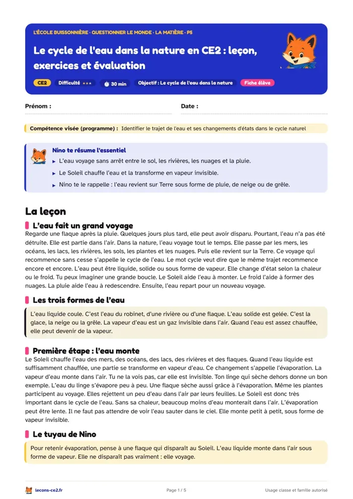 Aperçu de la fiche « Le cycle de l'eau dans la nature en CE2 : leçon, exercices et évaluation » en PDF