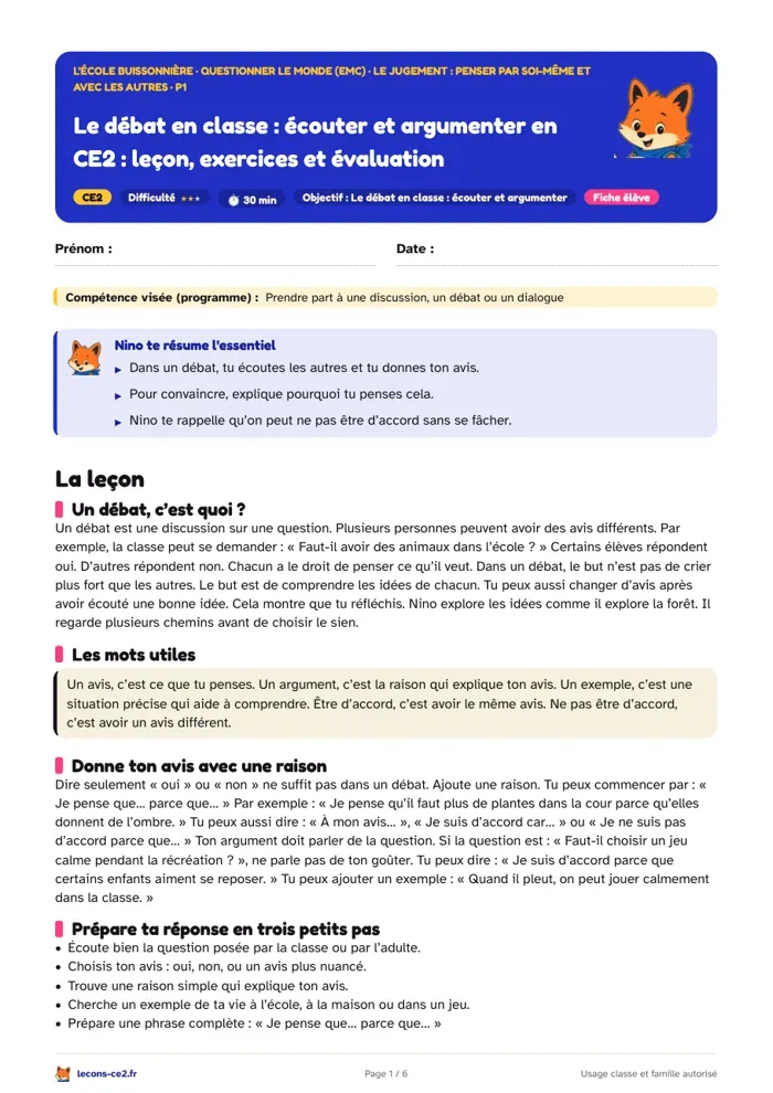 Aperçu de la fiche « Le débat en classe, écouter et argumenter en CE2 : leçon, exercices et évaluation » en PDF
