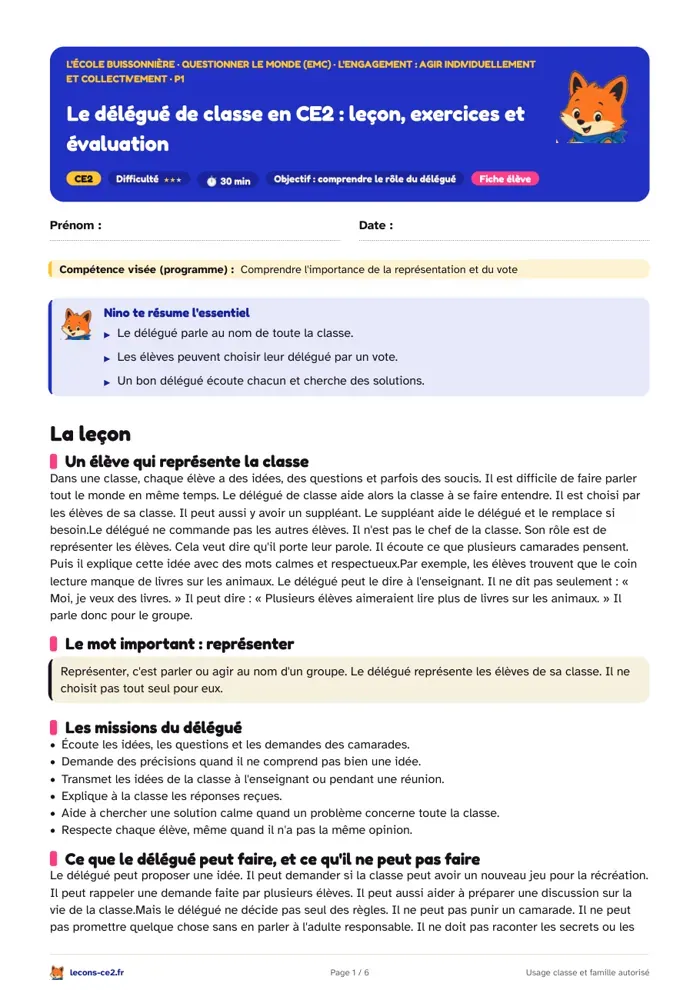 Aperçu de la fiche « Le délégué de classe en CE2 : leçon, exercices et évaluation » en PDF