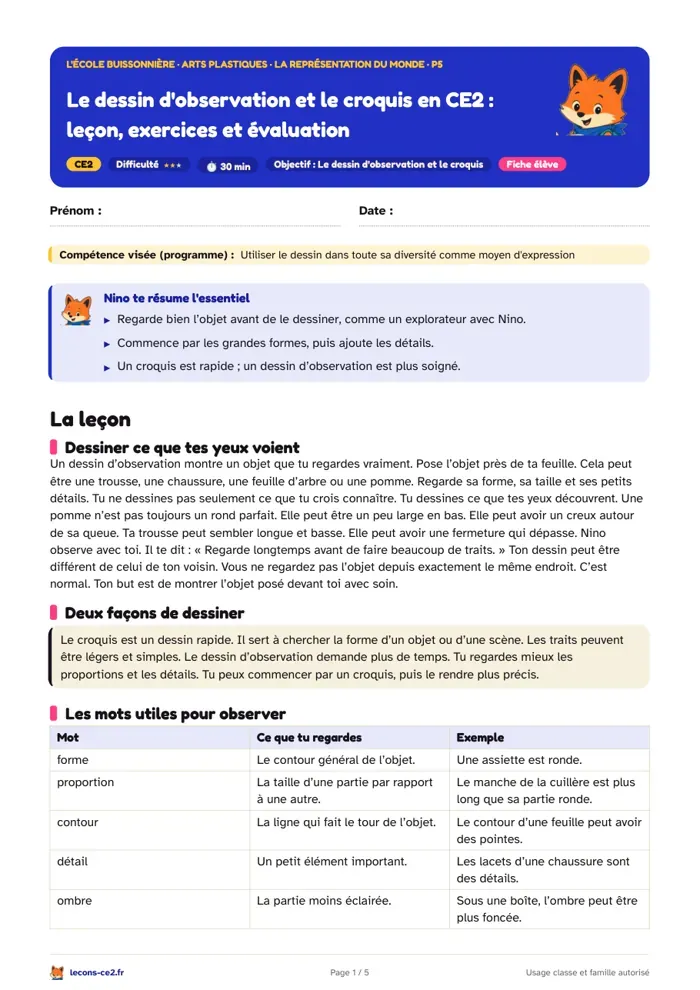 Aperçu de la fiche « Le dessin d'observation et le croquis en CE2 : leçon, exercices et évaluation » en PDF