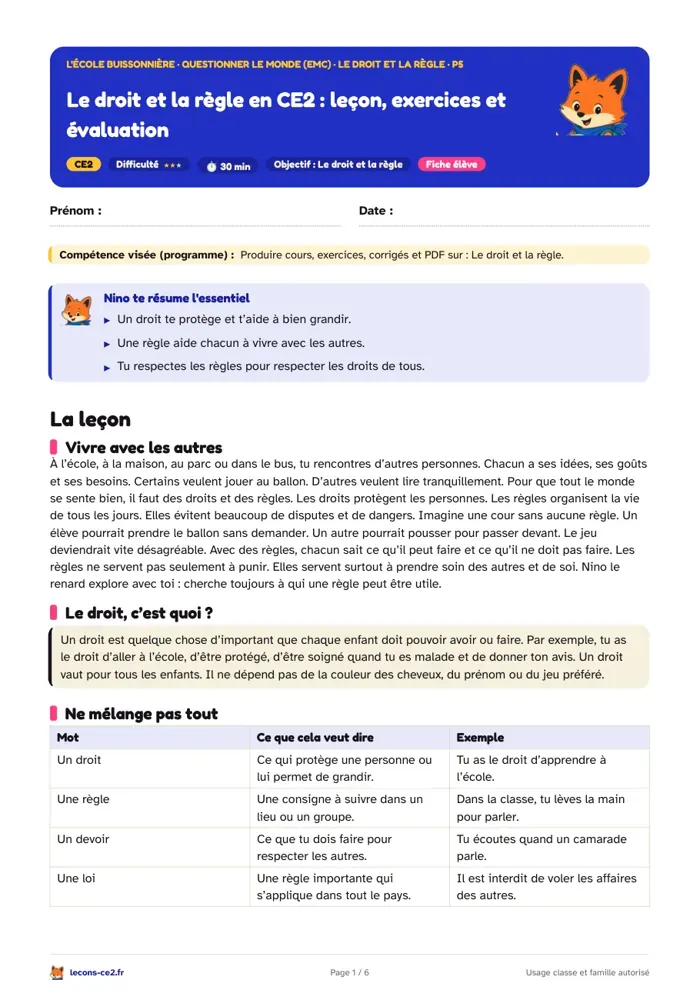 Aperçu de la fiche « Le droit et la règle en CE2 : leçon, exercices et évaluation » en PDF