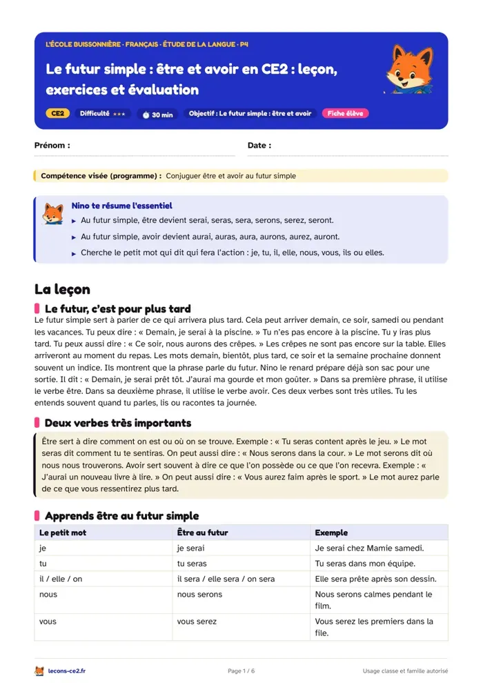 Aperçu de la fiche « Être et avoir au futur simple en CE2 : leçon, exercices et évaluation » en PDF