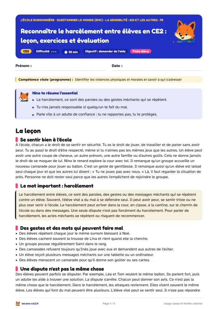Aperçu de la fiche « Reconnaître le harcèlement entre élèves en CE2 : leçon, exercices et évaluation » en PDF