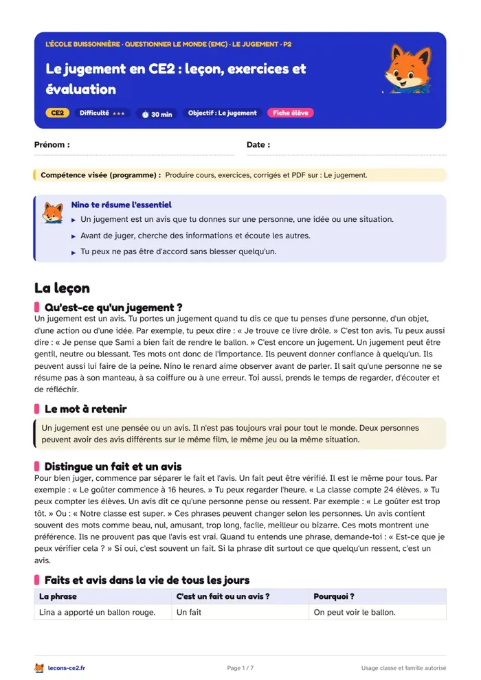 Aperçu de la fiche « Le jugement en CE2 : leçon, exercices et évaluation » en PDF