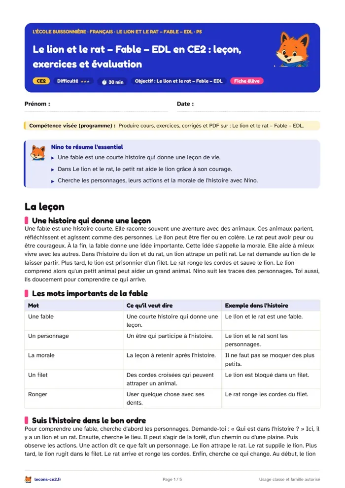 Aperçu de la fiche « Le lion et le rat : lire une fable en CE2 » en PDF