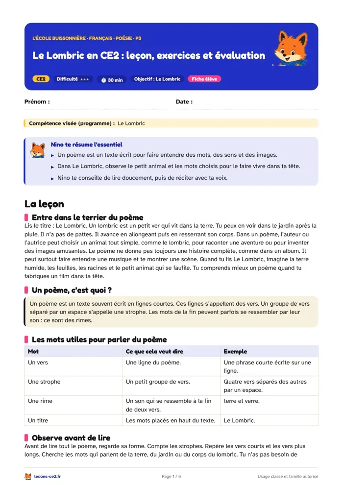 Aperçu de la fiche « Le Lombric en CE2 : leçon, exercices et évaluation » en PDF