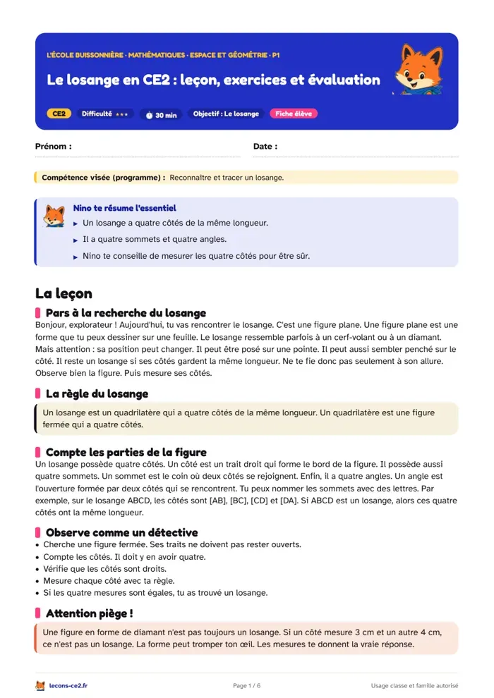 Aperçu de la fiche « Le losange en CE2 : leçon, exercices et évaluation » en PDF