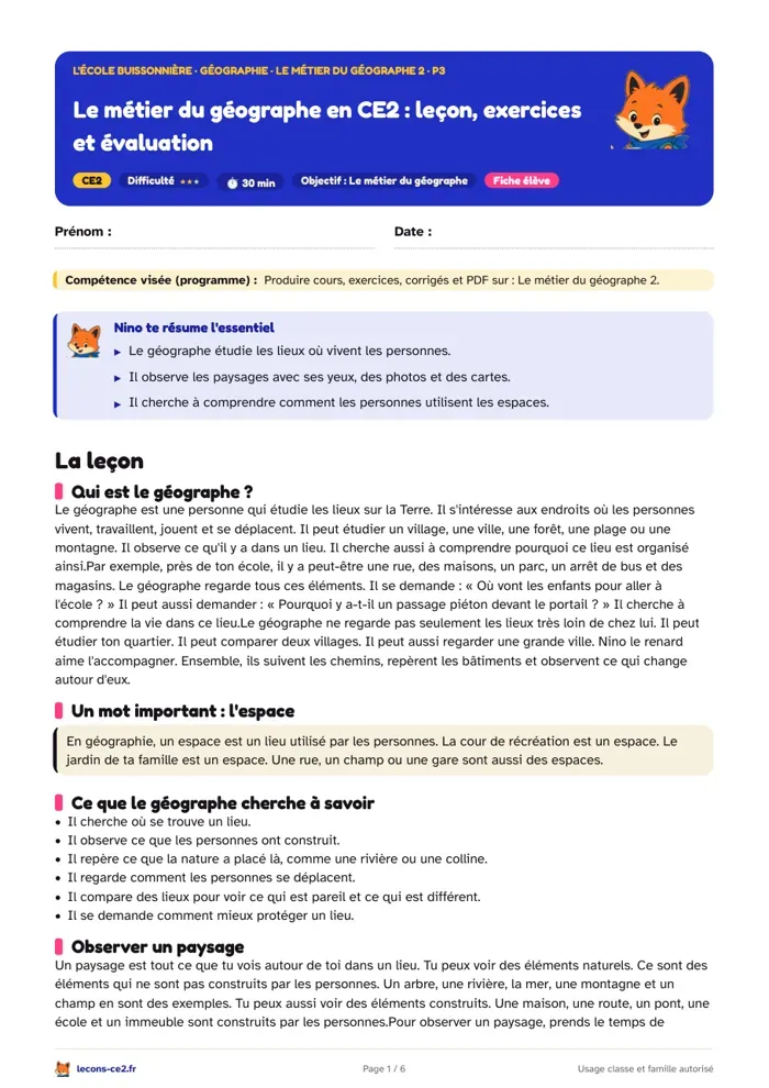 Aperçu de la fiche « Le métier du géographe en CE2 : leçon, exercices et évaluation » en PDF