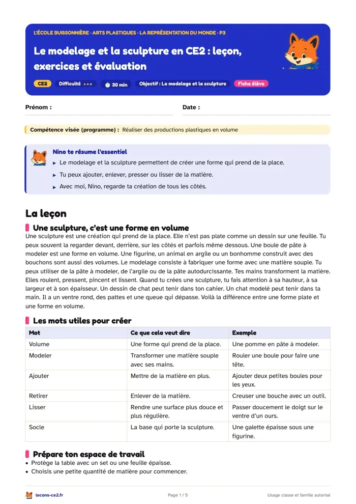 Aperçu de la fiche « Le modelage et la sculpture en CE2 : leçon, exercices et évaluation » en PDF