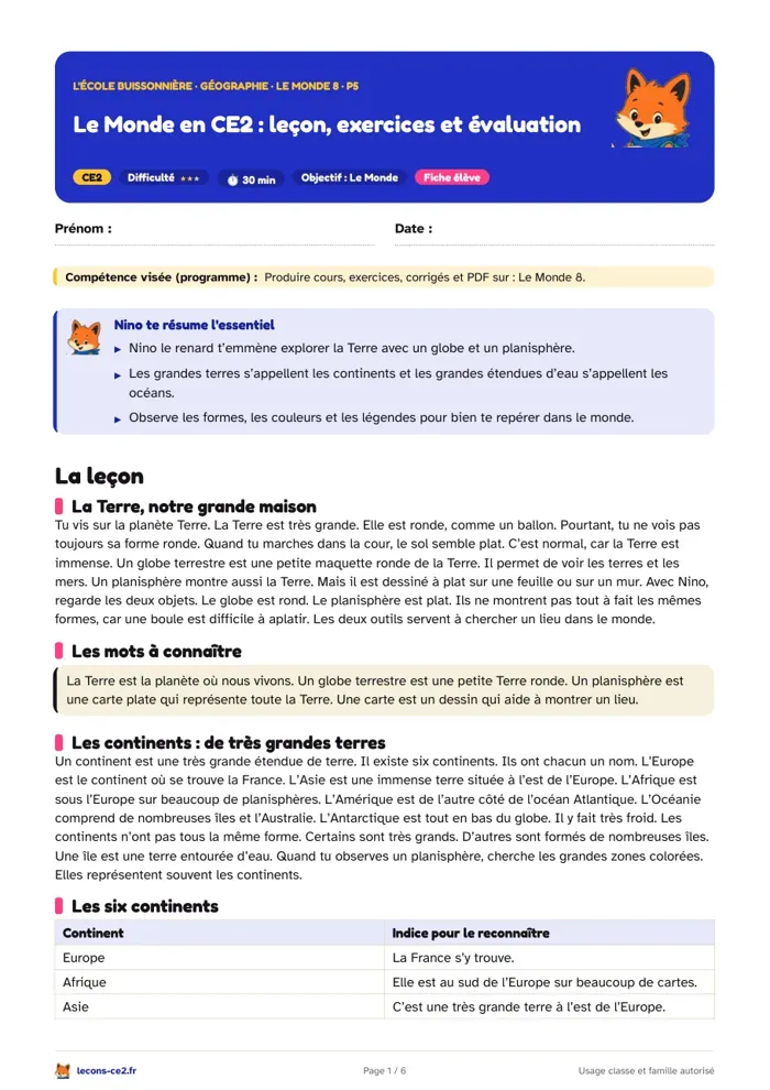 Aperçu de la fiche « Le Monde en CE2 : leçon, exercices et évaluation » en PDF