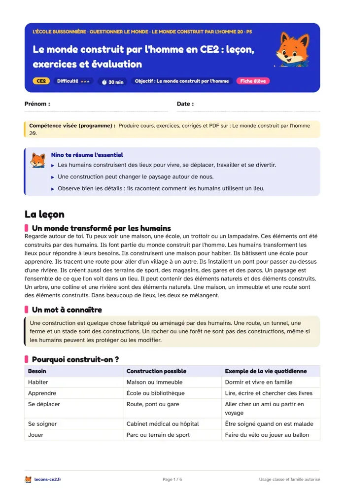 Aperçu de la fiche « Le monde construit par l'homme en CE2 : leçon, exercices et évaluation » en PDF
