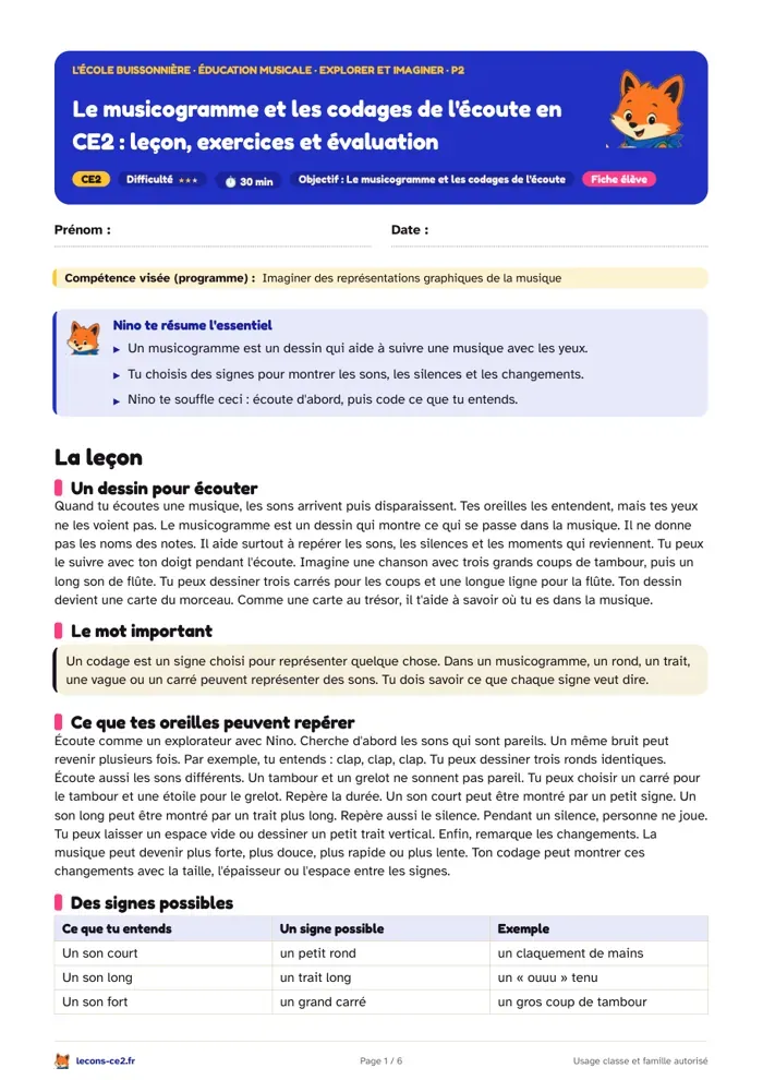 Aperçu de la fiche « Le musicogramme et les codages de l'écoute en CE2 : leçon, exercices et évaluation » en PDF