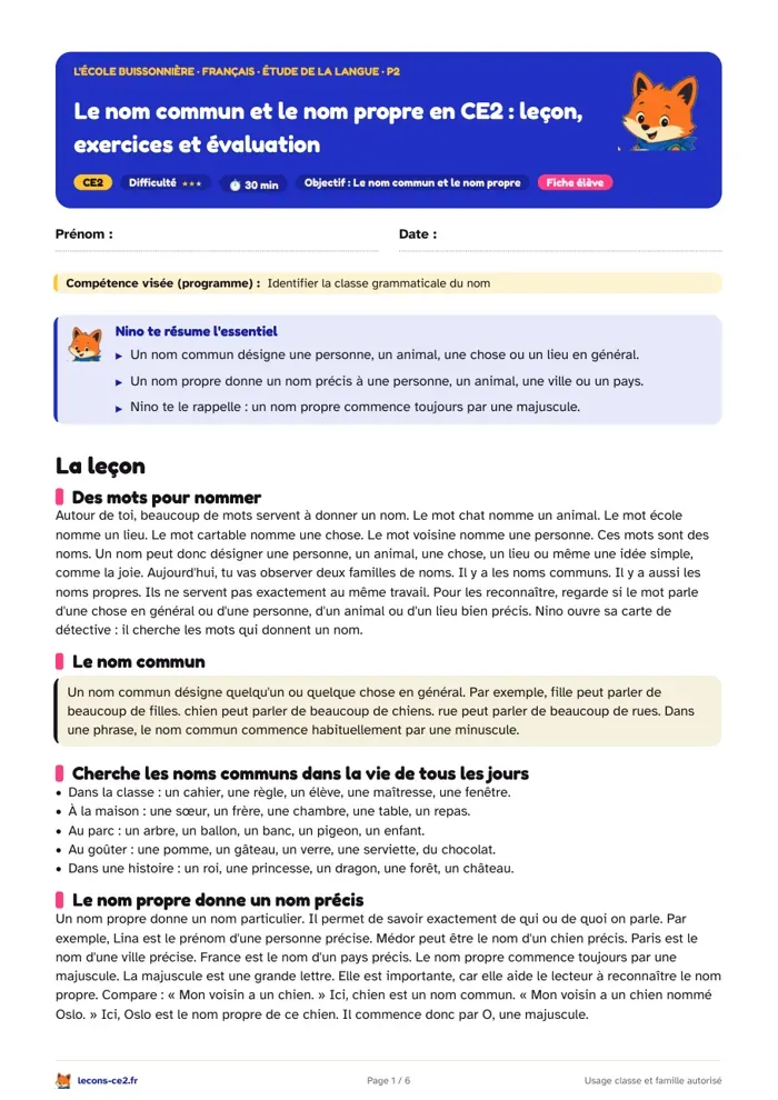 Aperçu de la fiche « Le nom commun et le nom propre en CE2 : leçon, exercices et évaluation » en PDF
