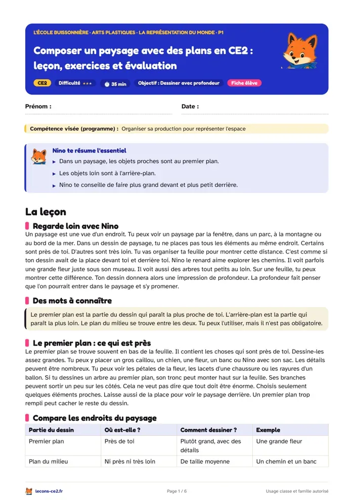 Aperçu de la fiche « Composer un paysage avec des plans en CE2 : leçon, exercices et évaluation » en PDF