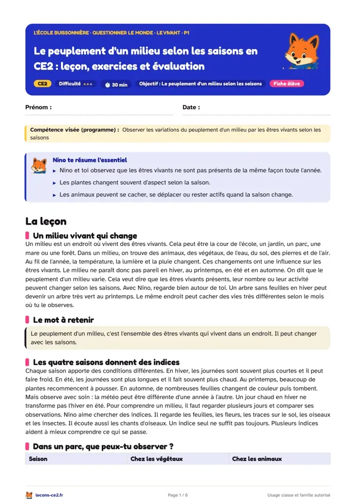 Aperçu de la fiche « Le peuplement d'un milieu selon les saisons en CE2 : leçon, exercices et évaluation » en PDF