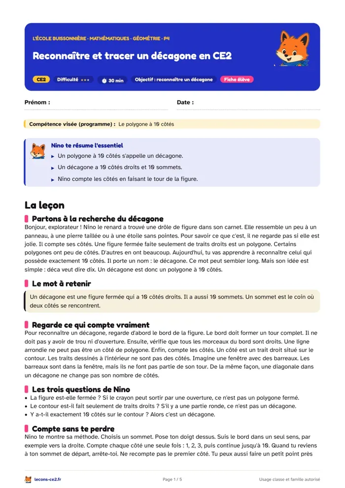 Aperçu de la fiche « Reconnaître et tracer un décagone en CE2 » en PDF